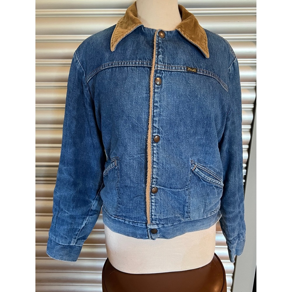 Vintage Wrangler Denim Jacket Sherpa Lined Corduroy Collar Blue Made in USA
